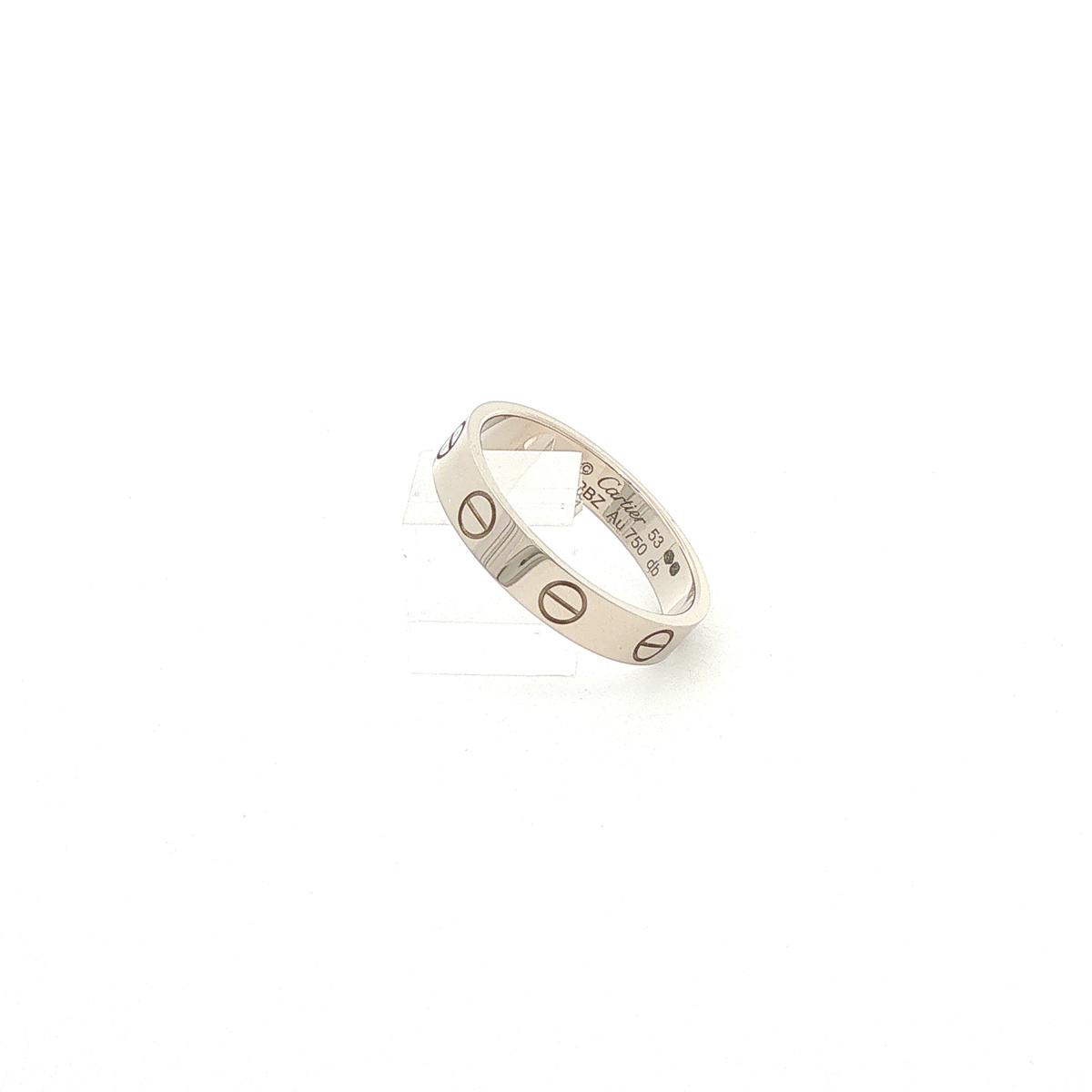 Cartier LOVE Ring aus 18 Karat Weißgold, Größe 53, ohne Steinbesatz, mit charakteristischen Schraubenmotiven, Seitenansicht.