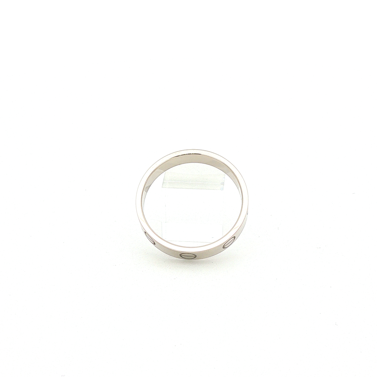 Cartier LOVE Ring aus 18 Karat Weißgold, Größe 53, ohne Steinbesatz, mit charakteristischen Schraubenmotiven, Rückansicht.
