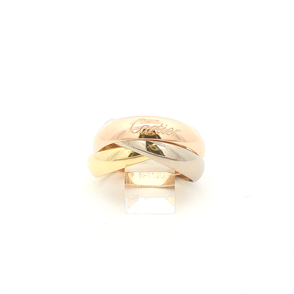Cartier Trinity Ring aus 18 Karat Gelb-, Rosé- und Weißgold, Ringgröße 58, ohne Steinbesatz, in charakteristischer Tricolor-Gestaltung, Vorderansicht