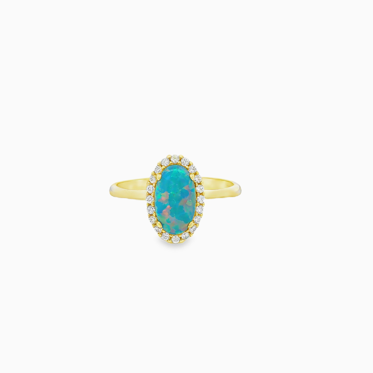 Opalring aus 14 Karat Gelbgold mit Zirkonia-Halo