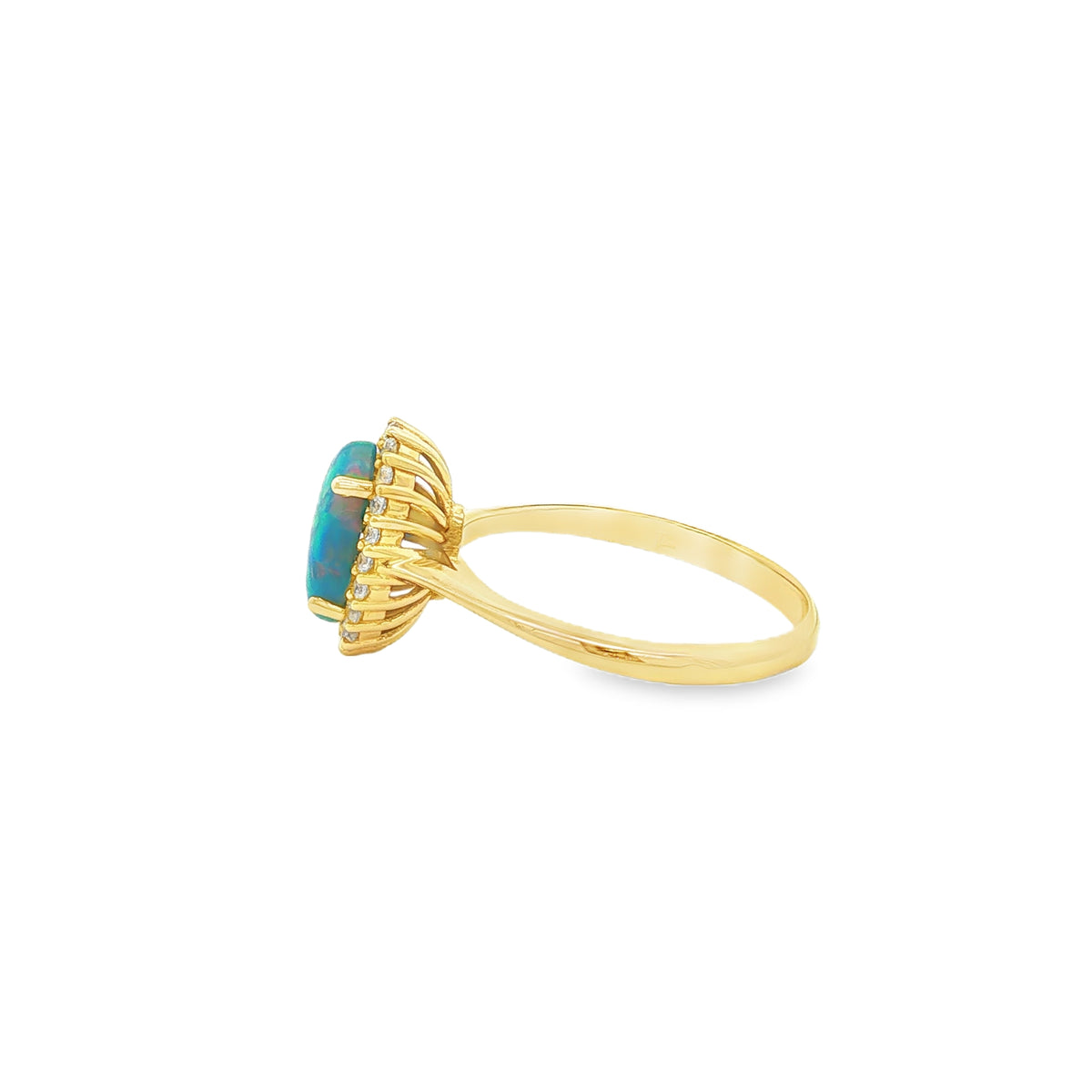 Opalring aus 14 Karat Gelbgold mit Zirkonia-Halo