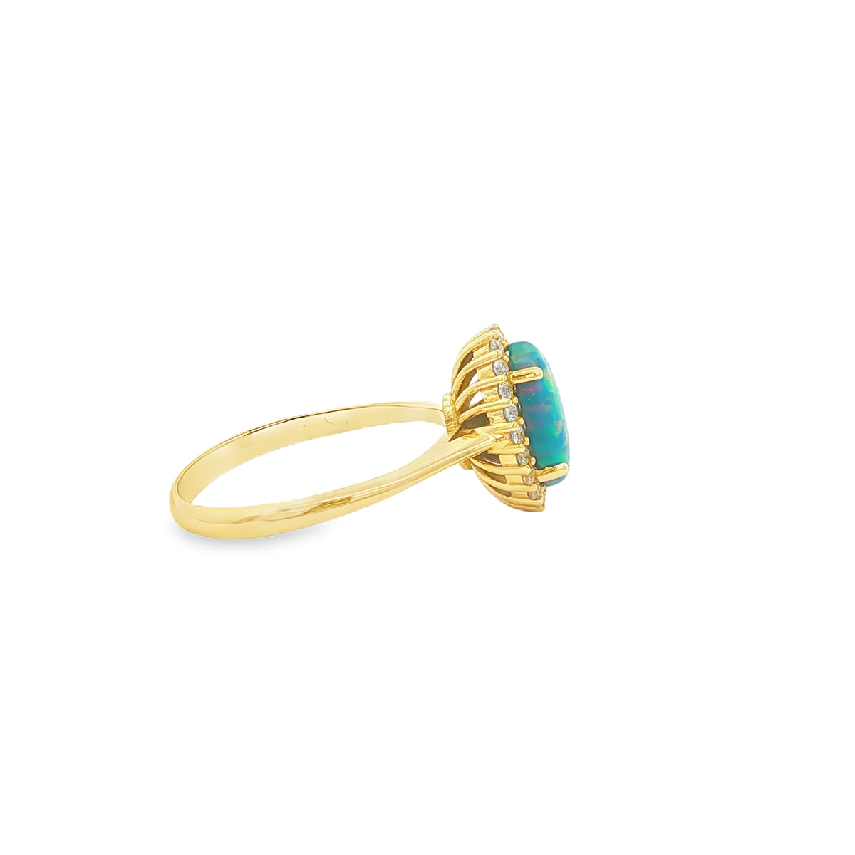 Opalring aus 14 Karat Gelbgold mit Zirkonia-Halo