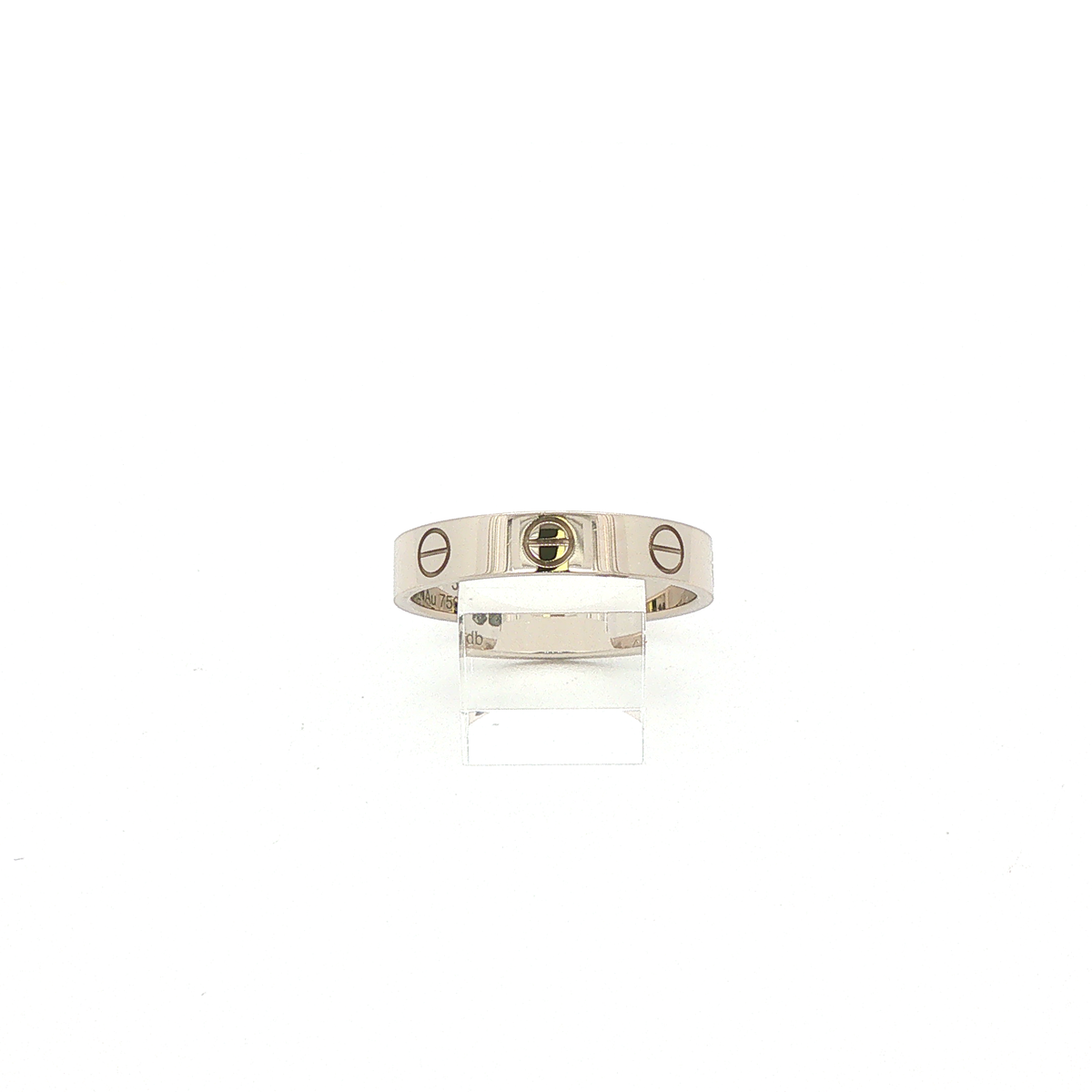 Cartier LOVE Ring aus 18 Karat Weißgold, Größe 53, ohne Steinbesatz, mit charakteristischen Schraubenmotiven, Vorderansicht.