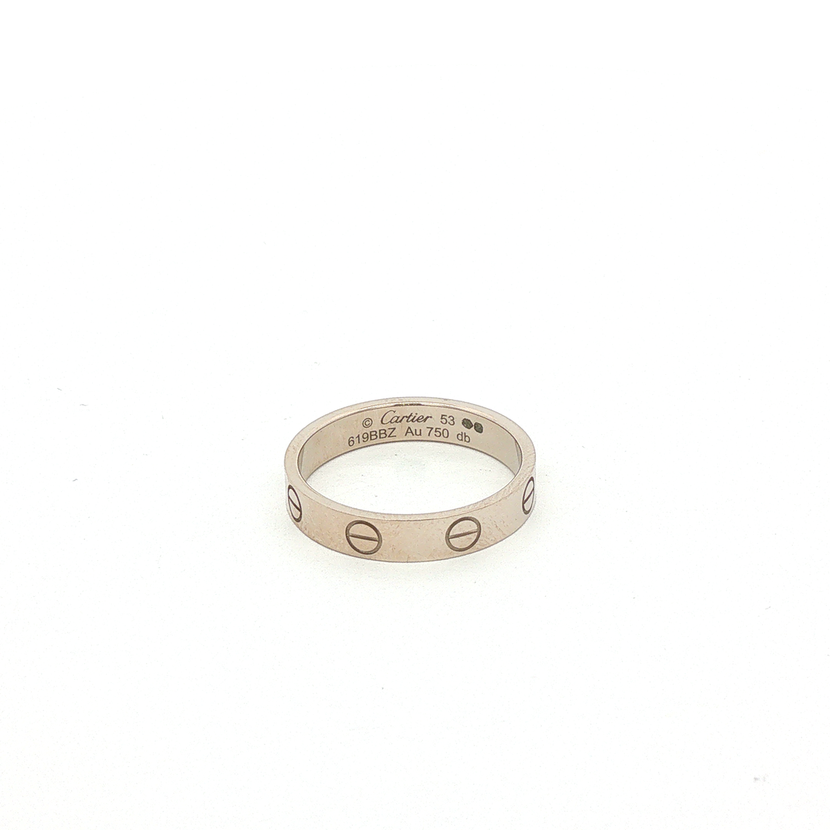 Cartier LOVE Ring aus 18 Karat Weißgold, Größe 53, ohne Steinbesatz, mit charakteristischen Schraubenmotiven, Liegendansicht mit Gravuren und Punzierungen.